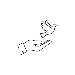 Vector art of line art icon depicting a hand gently releasing a dove into the air, symbolizing freedom, peace, hope, and letting go