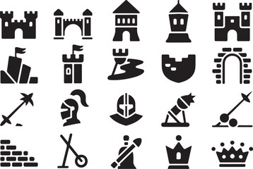 Black icon set illustrating castles knights weapons and medieval themed elements