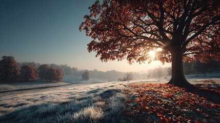 Whispers of dawn: an autumn meadow's morning beauty. Luxury style. Autumn's mystic dance: meadow bathed in morning light and fog. Branding asset. Lifestyle shot.