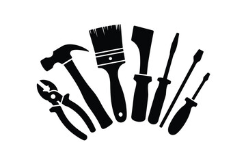 Silhouette of various hand tools arranged in a fan shape on a white background