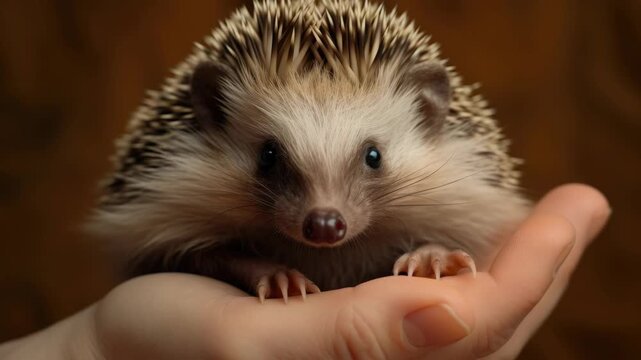 A tiny hedgehog sitting on a person's palm.