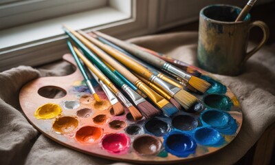 Paintbrushes and palette on a table near a window