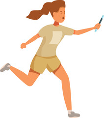 Determined female athlete running fast and holding a relay baton, participating in a track and field competition