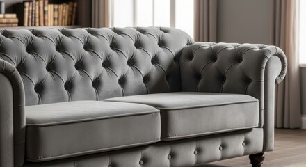 Fototapeta premium Elegant Grey Velvet Chesterfield Sofa with Deep Button Tufting and Rolled Arms