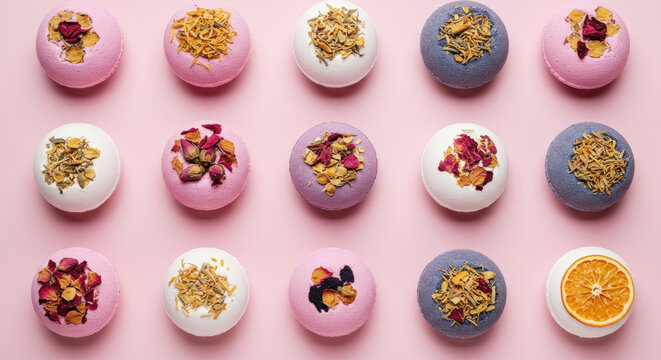 Colorful handmade bath bombs with natural botanicals. Flat lay pattern on pink background. Spa, aromatherapy and self-care concept