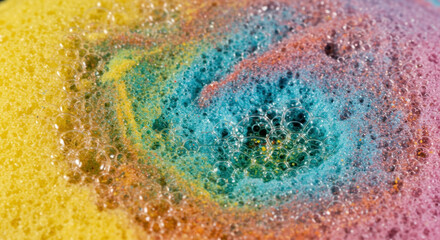 Colorful bath bomb dissolving in water creating vibrant abstract texture. Macro view of fizzing bubbles and foam for spa and relaxation concept