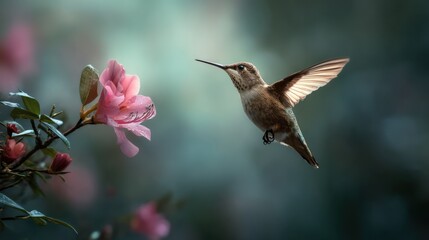 Hummingbird feeding on a delicate pink flower