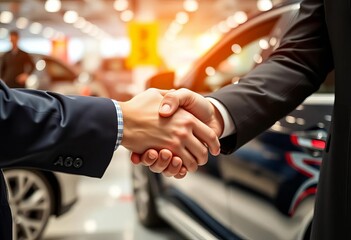 Close-up of hands exchanging car key and handshake at auto show, transport, show