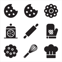 cookie day vector art icon pack silhuoette icon set bandle banner 9 sampol disign black and white backgrount icons