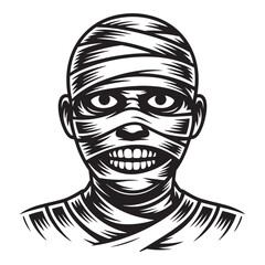 Creepy vintage illustration of a bandaged mummy head with glowing eyes and a sinister grin