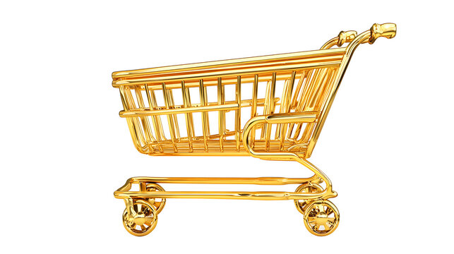 Shiny Gold Shopping Cart on White Background trolley isolated on a transparent background
