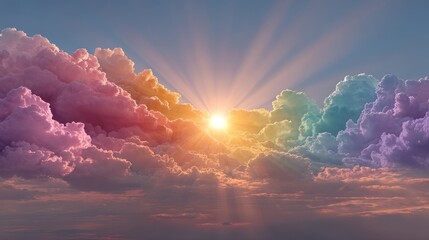 Radiant sunrise with rainbow-colored clouds at dawn