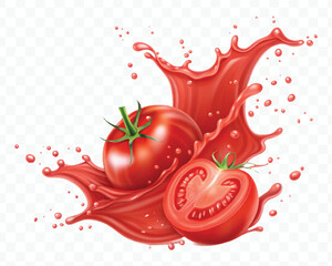 abstract 3d red tomato juice or ketchup sauce splashes in different style isolated on transparent background