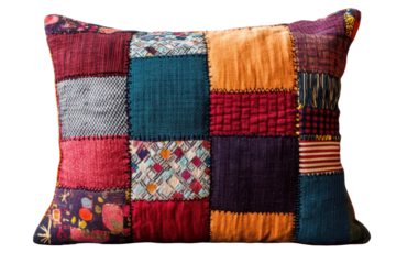 Colorful patchwork pillow with unique stitching perfect for adding a lively touch to any living space or cozy nook