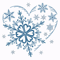 Blue snowflakes forming a heart shape on white icon