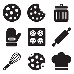 cookie day vector art icon pack silhuoette icon set bandle banner 9 sampol disign black and white backgrount icons