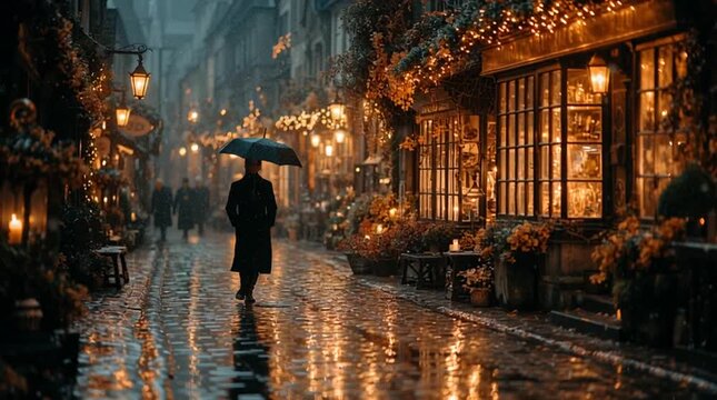 Cinematic night scene of a person with an umbrella walking a wet cobblestone street in an old European city, golden Christmas lights reflecting on the pavement as snow and rain fall in a magical, nost