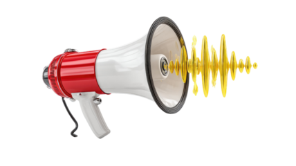 Red and white megaphone with loudspeaker cone and handle, sound amplification device for public announcement isolated on white background