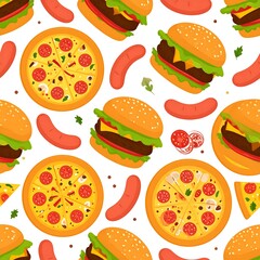 Seamless pattern of pizza, burgers, and sausages