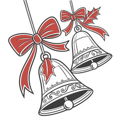 Christmas bells with red bows and holly pair