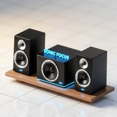 High-Fidelity Black Speaker System and Subwoofer with Blue Neon Light