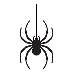 Black spider silhouette hanging from a thin thread against a white background