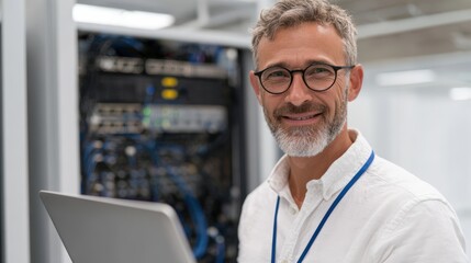 Friendly male it technician working in data center server room