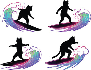 Whimsical surfing cat silhouette collection, four dynamic poses riding colorful ocean waves, playful fantasy artwork, vibrant summer beach adventure illustration series