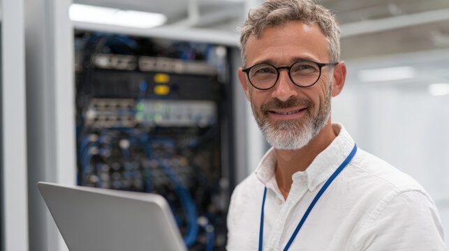 Friendly male it technician working in data center server room