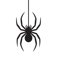 Black silhouette of a spider hanging from a single strand of silk against a white background