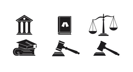 Symbols of justice law education and legal proceedings illustrated in black