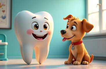 Cartoon tooth figurine with eyes and mouth. The tooth is like in a cartoon with a dog. They are sitting on the floor and talking. They're happy. Dental services for children. dental treatment.