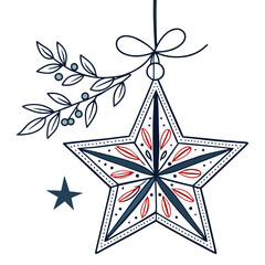 Christmas star ornament hanging with branch and berries
