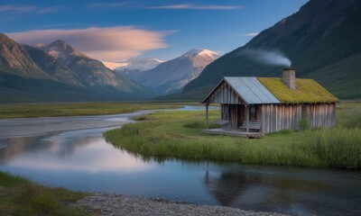 Fototapeta premium Rustic cabin nestled beside a tranquil river, framed by majestic mountains under a vibrant sky
