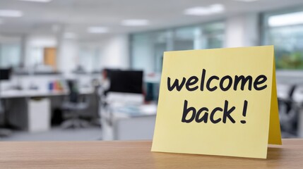 Welcome back message in office workspace concept for positive employee reintegration