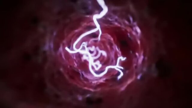 Glowing veins with abstract art, and dark red.