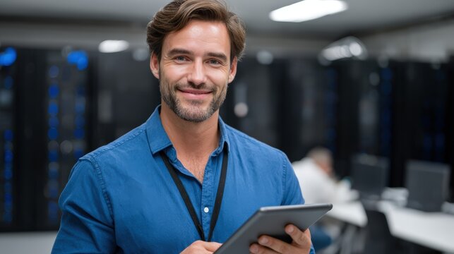 Confident technology professional in modern server room environment - Powered by Adobe