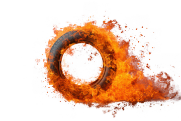 A ring shaped object engulfed in vibrant orange flames against a transparent background