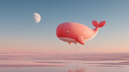 Pink whale balloon floats over calm water with moon