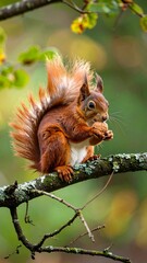 Fototapeta premium Red squirrel holding nut on branch