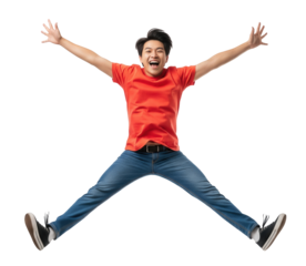 Excited young man in a red t-shirt jumping with arms and legs spread in a star shape. Isolated transparent background ( cut-out PNG file ).