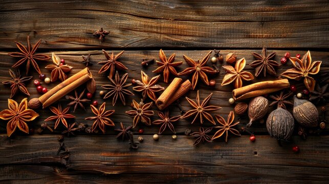 Elegant Arrangement of Festive Spices and Nuts on Rustic Wooden Surface for Holiday Season Decor