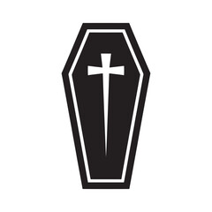 Black coffin with white cross symbol isolated on white background for funeral and death concepts