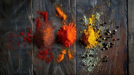 Assortment of Colorful Spices on Weathered Wooden Surface, Adding Flavor and Vibrant Hues to Cuisine