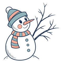 Cute snowman with carrot nose and striped scarf winter 1