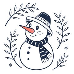 Cute snowman with carrot nose and striped scarf winter