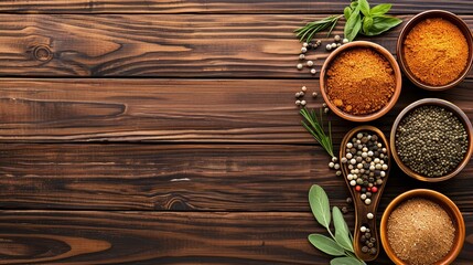 Naklejka premium Beautiful Arrangement of Assorted Spices and Herbs in Wooden Bowls on a Rustic Table for Cooking