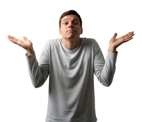 Young man shrugs with raised hands and a confused, puzzled expression. Isolated transparent background ( cut-out PNG file ).