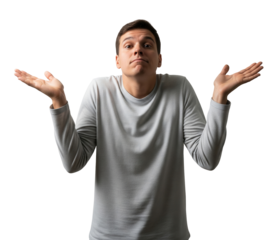 Young man shrugs with raised hands and a confused, puzzled expression. Isolated transparent background ( cut-out PNG file ).
