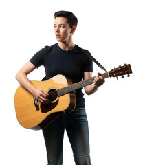 Obraz premium Serious young musician playing a wooden acoustic guitar with a focused expression. Isolated transparent background ( cut-out PNG file ).